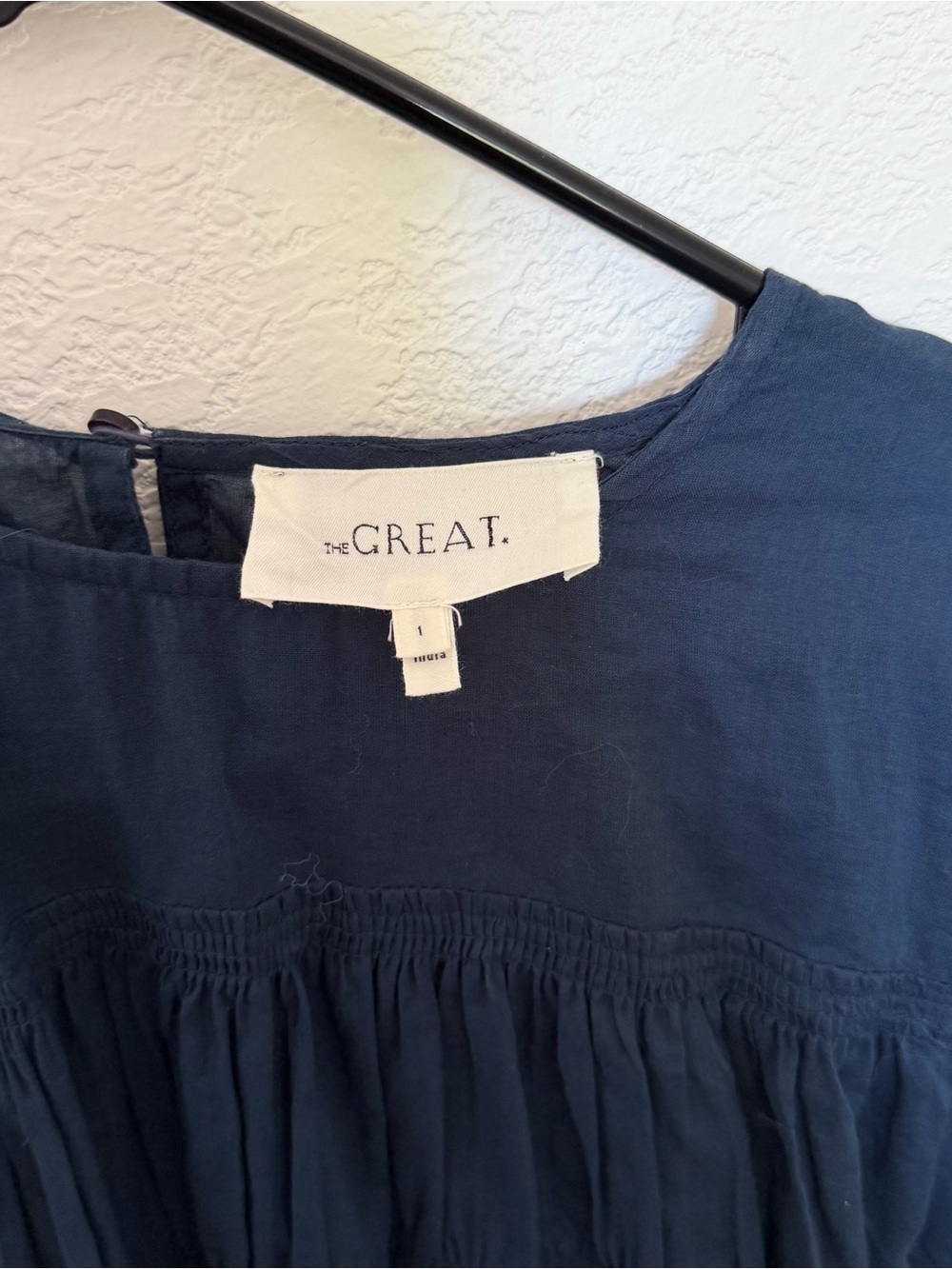 THE GREAT. Navy Gauze Smocked Long-Sleeve Blouse - Picture 3 of 5